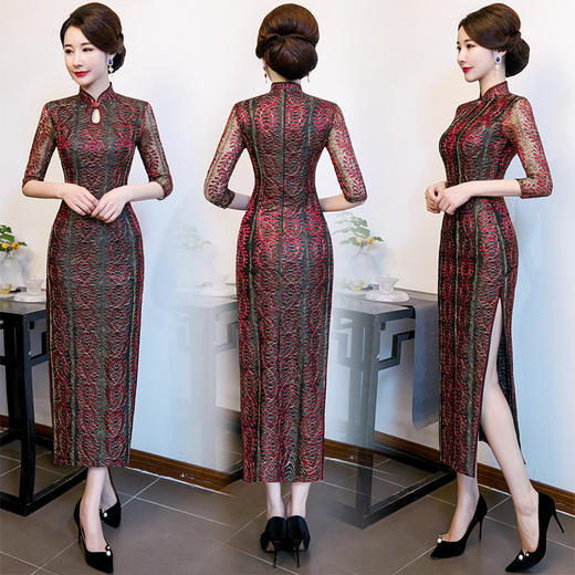 XL-9188新款中国风大码走秀蕾丝旗袍长款舞台演出旗袍 商品图0