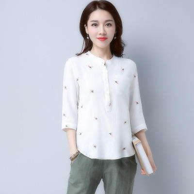 MZ5579七分袖棉麻上衣绣花棉t恤 商品图1