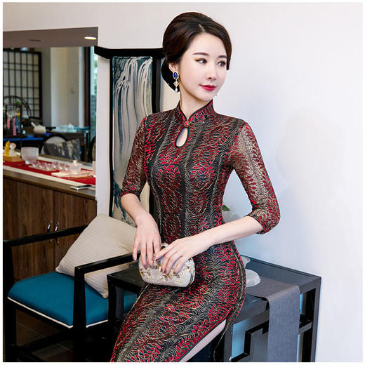 XL-9188新款中国风大码走秀蕾丝旗袍长款舞台演出旗袍 商品图4