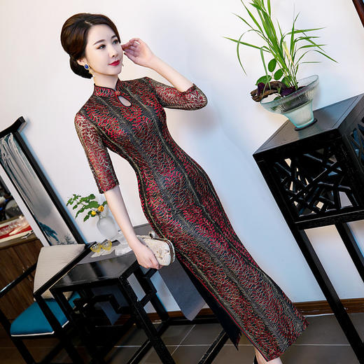 XL-9188新款中国风大码走秀蕾丝旗袍长款舞台演出旗袍 商品图1