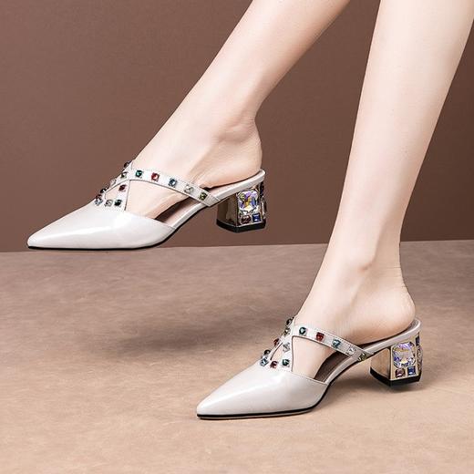 OLD-491新款水钻半拖鞋真皮尖头水晶高跟鞋 商品图1