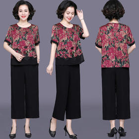 XX-3216妈妈夏装丝缎T恤阔太太短袖减龄薄两件套装