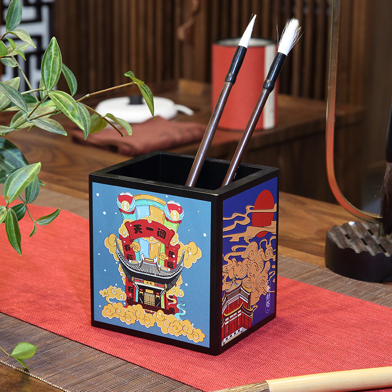 金泉宝墨出品 彩雕竹炭笔筒(地道宁波) 复古中国风创意办公室收纳盒