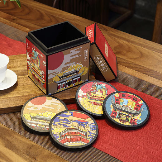 金泉宝墨出品 创意密封茶叶罐杯垫 甬城名迹竹炭礼盒套装 商品图1