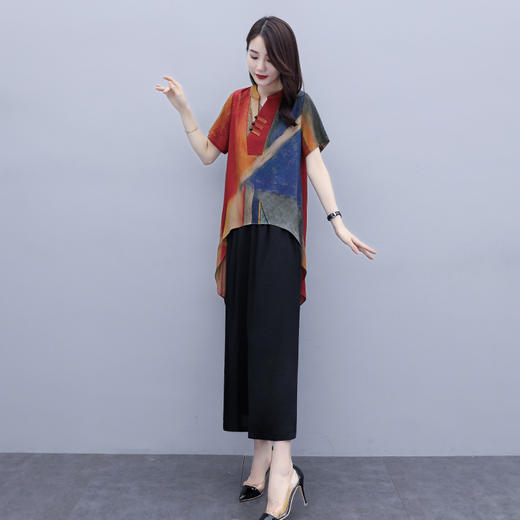 SJ-522大码洋气宽松遮肚阔太太阔腿裤两件套 商品图2