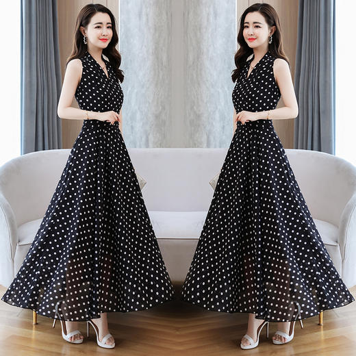 YML-qh0273夏季修身海边度假沙滩裙波点无袖挂脖v领长裙子 商品图2