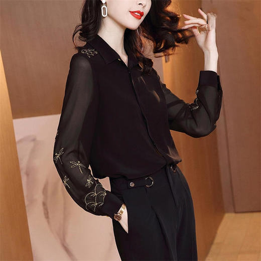 HT-1228新款时尚优雅气质翻领长袖绣花衬衣 商品图1