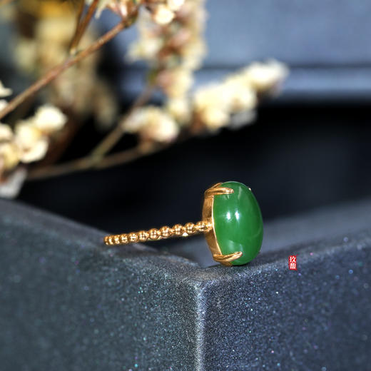 18K玫瑰金和田玉（碧玉）戒指 /小蛋面12*8mm/ 菠菜绿(圈口请留言备注) 商品图1