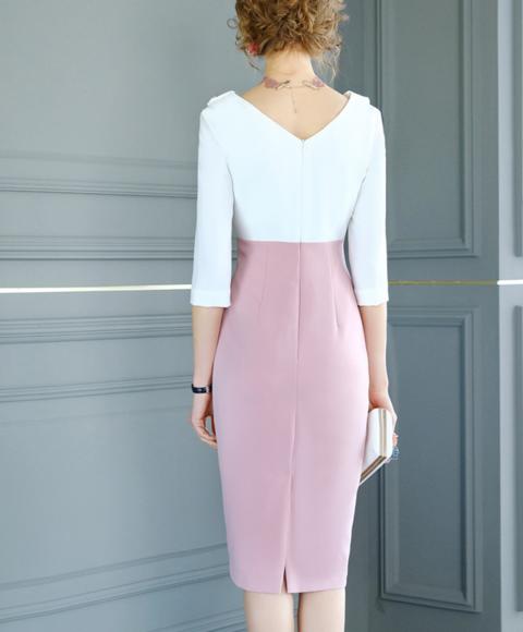 FMY-F20CL29830新款气质V领修身拼接中长款连衣裙 商品图2