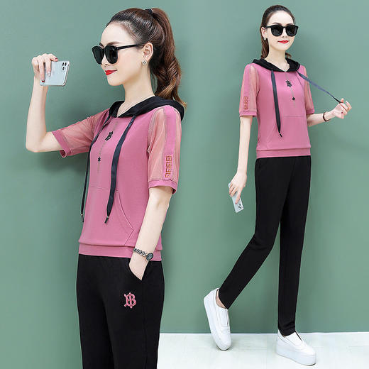 SP-1011123连帽短袖夏新款韩版宽松大码卫衣两件套 商品图3
