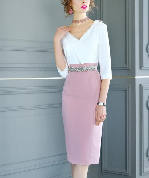 FMY-F20CL29830新款气质V领修身拼接中长款连衣裙 商品图3