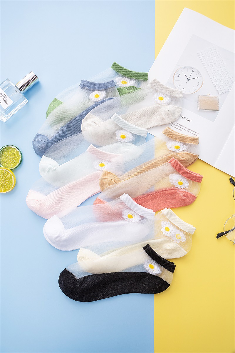 【唐丝蝶】小雏菊水晶袜2020夏季短袜网纱玻璃丝绣花女袜tm-0207