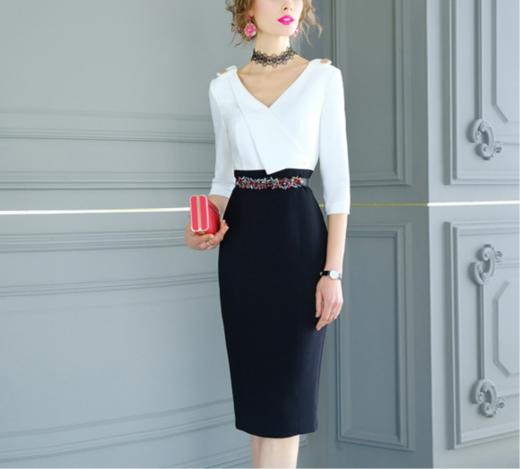 FMY-F20CL29830新款气质V领修身拼接中长款连衣裙 商品图1