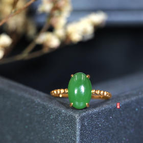 18K玫瑰金和田玉（碧玉）戒指 /小蛋面12*8mm/ 菠菜绿(圈口请留言备注)