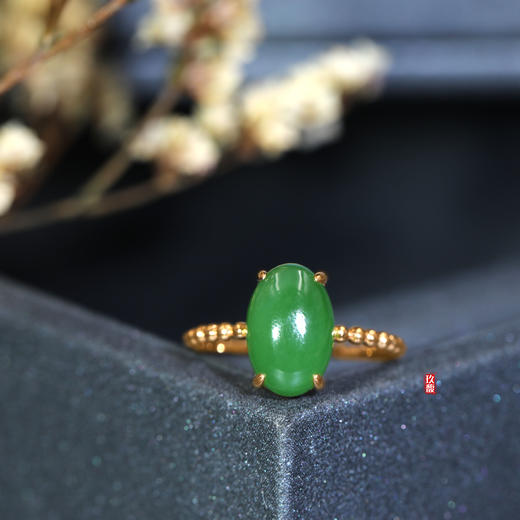 18K玫瑰金和田玉（碧玉）戒指 /小蛋面12*8mm/ 菠菜绿(圈口请留言备注) 商品图0