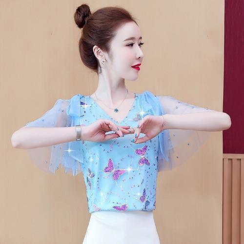 MZ-MZ5599新款时尚气质网纱亮片刺绣蝴蝶小衫 商品图1