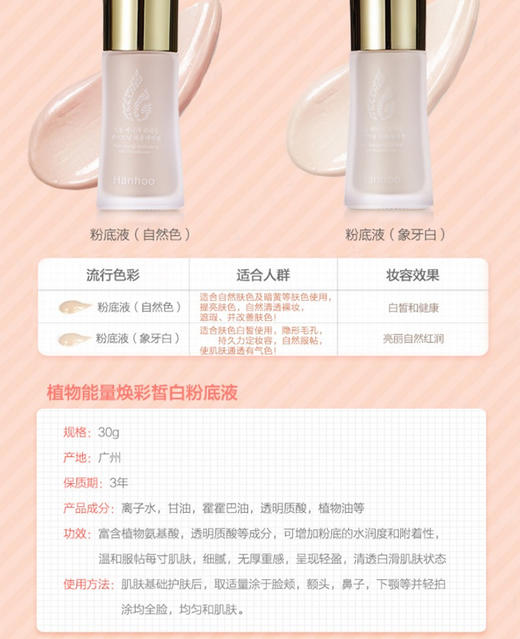 Hanhoo/韩后植物能量焕彩光感粉底液BB霜30g 裸妆遮瑕持久定妆 不脱妆隔离粉底JPY带授权招加盟代理 商品图7