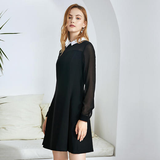 EITIE爱特爱女装秋款时尚通勤洋气镂空网纱拼接翻领收腰连衣裙女C2007504 商品图5