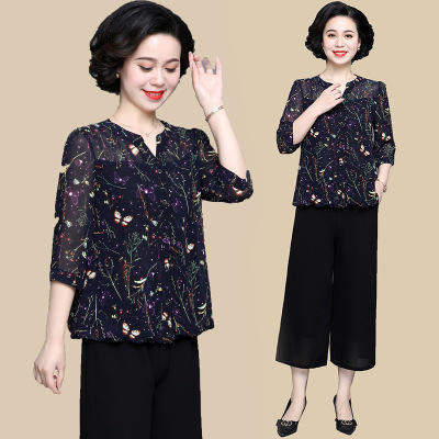 AM-119大码洋气短袖雪纺衫阔腿裤时髦两件套 商品图1