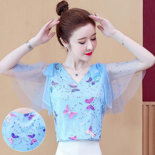 MZ-MZ5599新款时尚气质网纱亮片刺绣蝴蝶小衫 商品图4