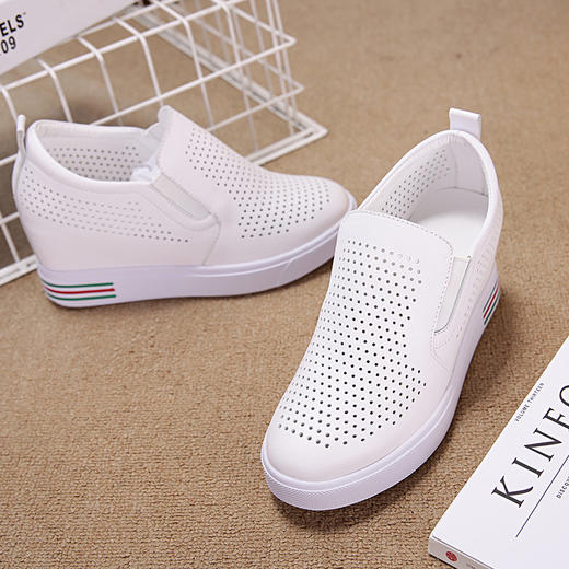 LM-L162新款坡跟真皮单鞋  镂空透气网内增高低帮女鞋 商品图2