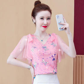 MZ-MZ5599新款时尚气质网纱亮片刺绣蝴蝶小衫