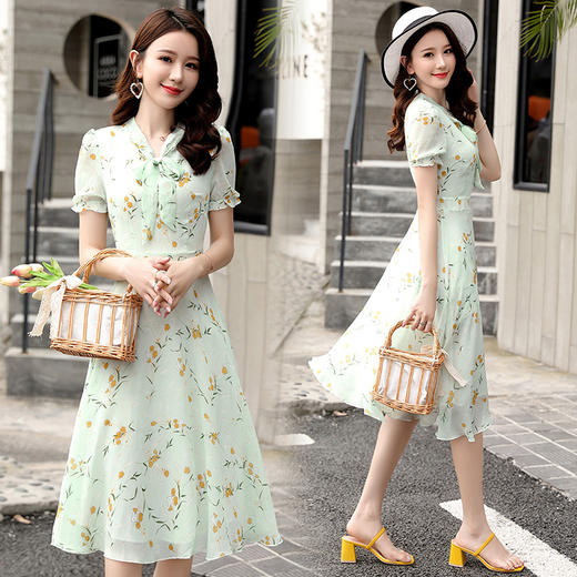 WZNH-XBL825新款小清新雪纺气质中长款大摆修身裙子 商品图1