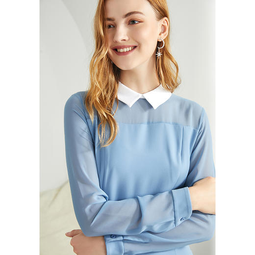 EITIE爱特爱女装秋款时尚通勤洋气镂空网纱拼接翻领收腰连衣裙女C2007504 商品图4