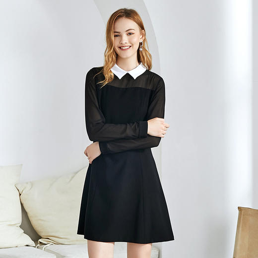 EITIE爱特爱女装秋款时尚通勤洋气镂空网纱拼接翻领收腰连衣裙女C2007504 商品图7