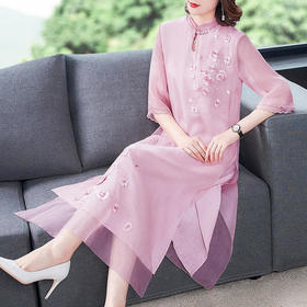 HT-XYX5336新款夏季仿桑蚕丝，气质花朵改良款旗袍裙