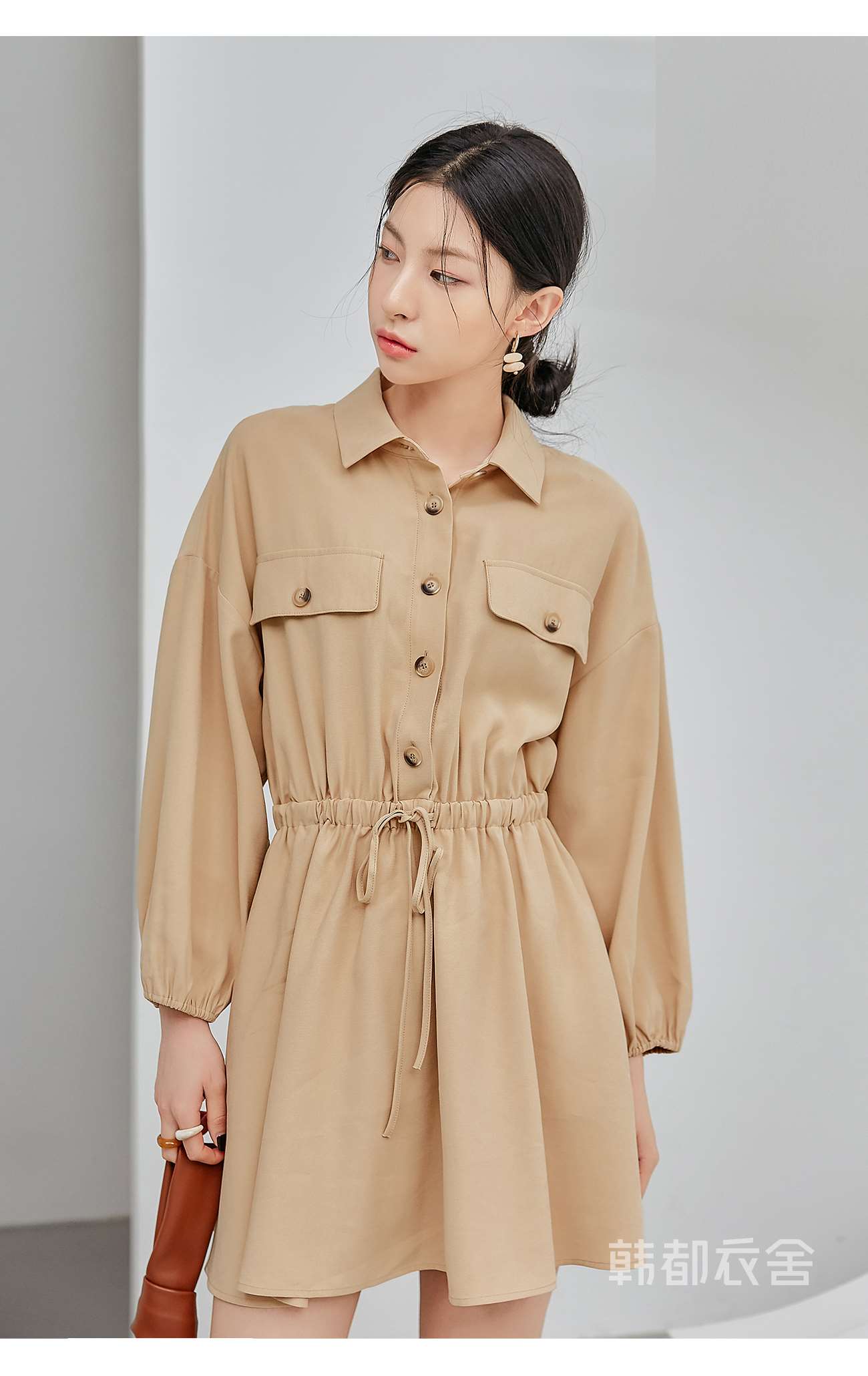 韩都衣舍2021韩版女装春装新款松紧收腰显瘦衬衫裙连衣裙rw9073瑒