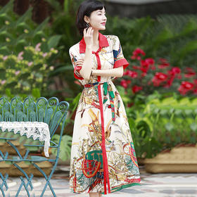 WY-0832真丝  2020夏新款大码印花单排扣小众印花桑蚕丝连衣裙