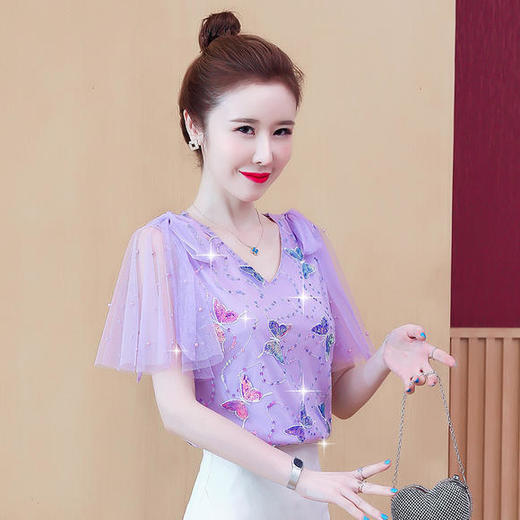 MZ-MZ5599新款时尚气质网纱亮片刺绣蝴蝶小衫 商品图2