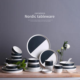 创意北欧ins格子碗碟盘沙拉碗西餐盘釉下彩轻奢欧式陶瓷餐具套装