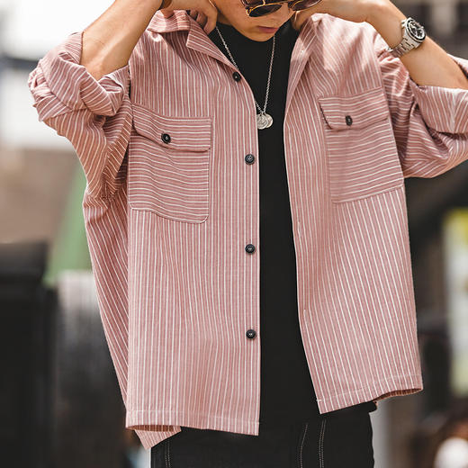 马登工装美式复古oversize条纹古巴领衬衫阿美咔叽宽松长袖衬衣男