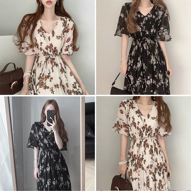 Pleated floral chiffon maxi dress 百褶花雪纺长连衣裙 忌平庸JPY带授权招加盟代理