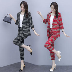 HT 2092# 新款名媛气质小西装套装女港味时尚复古印花九分裤西服外套
