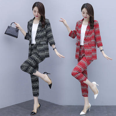 HT 2092# 新款名媛气质小西装套装女港味时尚复古印花九分裤西服外套 商品图0