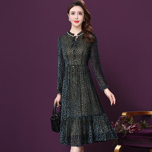 WXY-W-JR-1897新款中年妈妈丝绒网纱中长款真丝A字裙 商品图0