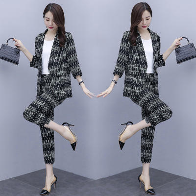 HT 2092# 新款名媛气质小西装套装女港味时尚复古印花九分裤西服外套 商品图2