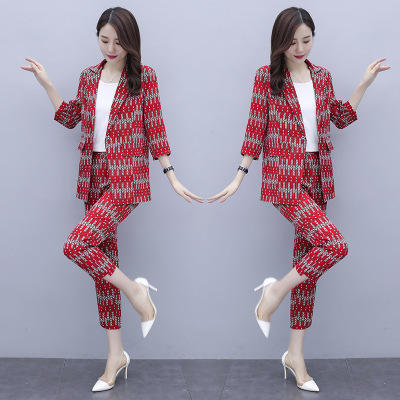 HT 2092# 新款名媛气质小西装套装女港味时尚复古印花九分裤西服外套 商品图1