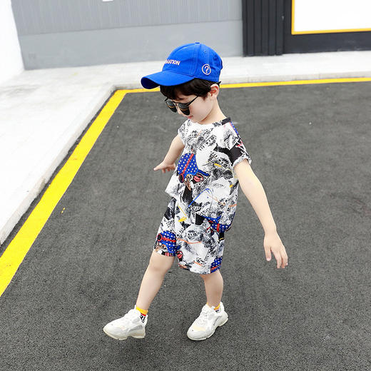 SKM-skb22-6-2062韩版时尚花色透气网布短袖短裤男童两件套潮 商品图3