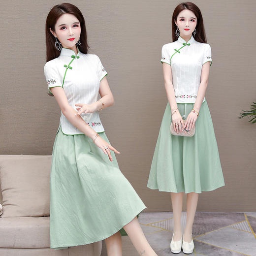 ywefz2828新款修身短袖绣花改良版旗袍半身裙