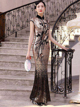 DLQ-A2197真丝高端亮片旗袍礼服