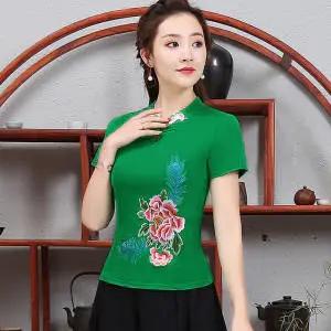 PDD-民族风刺绣上衣妈妈装 中式立领盘扣大码短袖棉t恤 商品图4