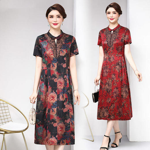 B-6455新款气质大码绣花中长款显瘦过膝连衣裙 商品图0