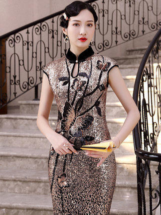 DLQ-A2197真丝高端亮片旗袍礼服 商品图1