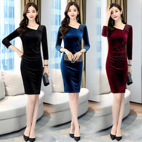 WZNH-YUMEI2038金丝绒旗袍连衣裙新款收腰显瘦气质职业减龄裙子