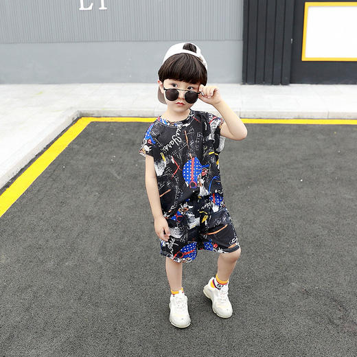 SKM-skb22-6-2062韩版时尚花色透气网布短袖短裤男童两件套潮 商品图1