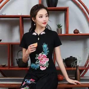 PDD-民族风刺绣上衣妈妈装 中式立领盘扣大码短袖棉t恤 商品图3